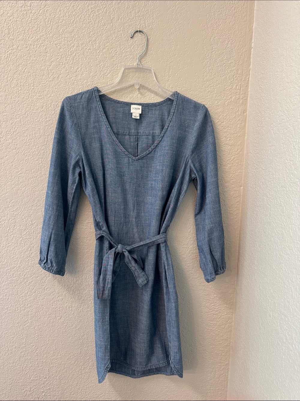 J. Crew Chambray V-Neck Belted Long Sleeve Dress in Blue